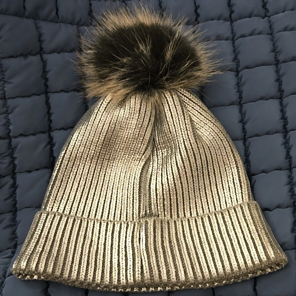 NWT $25 Retail Aerie Metallic Knit Beanie One Size Shiny Silver Pom Pom